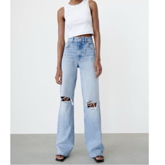 Zara Denim - Zara Blue Light Wash Distressed Frayed High Rise Wide Leg Denim Jeans Size 6
